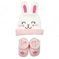 Ensemble Bébé Fille Bonnet et Chaussons, Motif Lapin Rose et Blanc