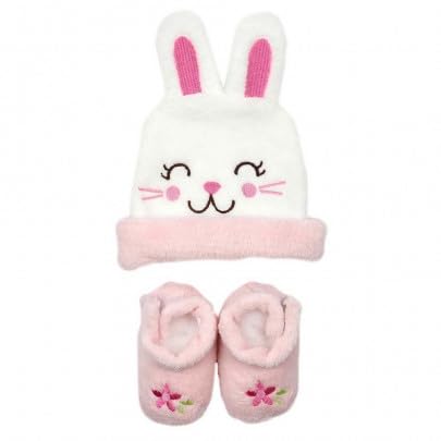 Ensemble Bébé Fille Bonnet et Chaussons, Motif Lapin Rose et Blanc