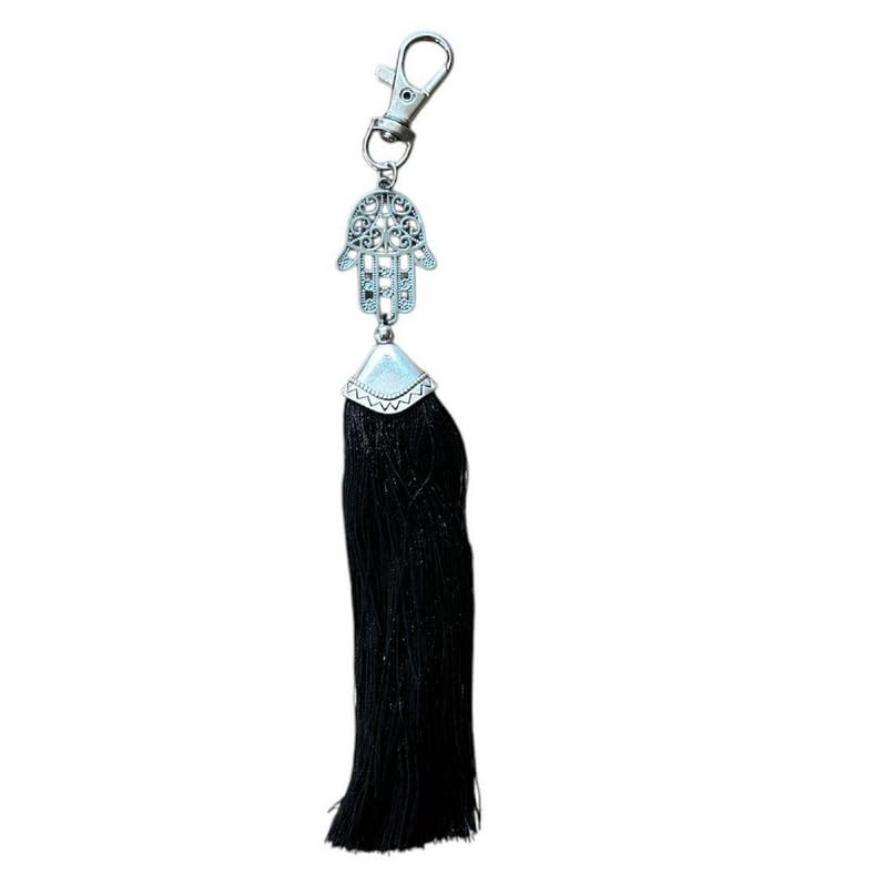 Porte-Clé Hamsa OU Bouddha Décoratif avec Pompon Long, Pendentif Main de Fatima en Métal Argenté, Disponible en Blanc, Noir, Violet