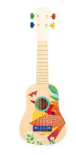 Ukulélé Musical en Bois pour Enfants, Instrument de Musique Éducatif avec Motifs Colorés, Style Hawaïen Décoratif