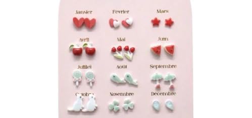 Boucles d'Oreilles pour Un An, 12 Paires de Boucles d'Oreilles Mensuelles, Thème Saisonnier, Janvier à Décembre