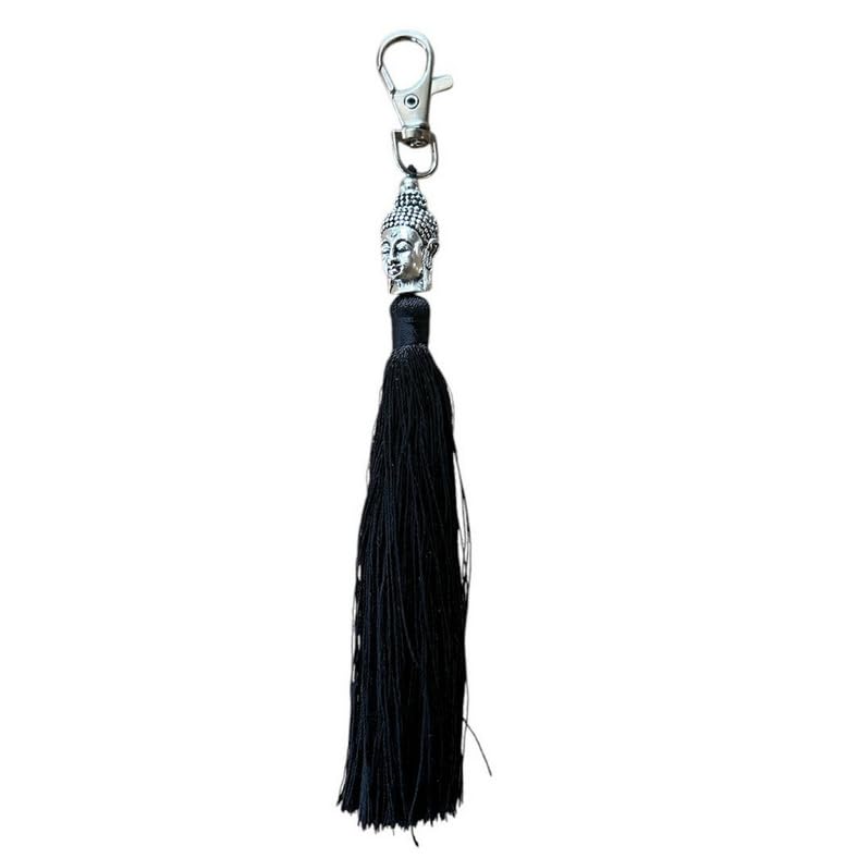 Porte-Clé Hamsa OU Bouddha Décoratif avec Pompon Long, Pendentif Main de Fatima en Métal Argenté, Disponible en Blanc, Noir, Violet