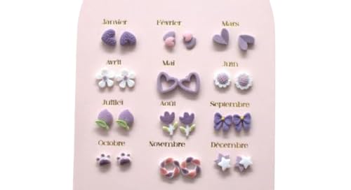 Boucles d'Oreilles pour Un An, 12 Paires de Boucles d'Oreilles Mensuelles, Thème Saisonnier, Janvier à Décembre
