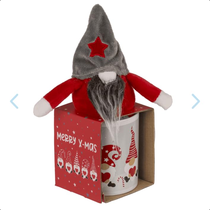 Tasse de Noël avec Gnome en Peluche, Décoration de Fêtes, Céramique Blanche avec Motifs Rouges et Gris, Set Cadeau avec Figurine de Lutin