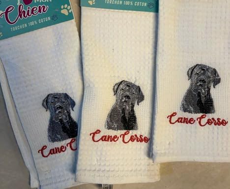 Mon Chien Torchon en Coton 100%, Serviettes de Cuisine avec Motifs de Chiens Brodés, Collection Rottweiler, Colley et Cane Corso