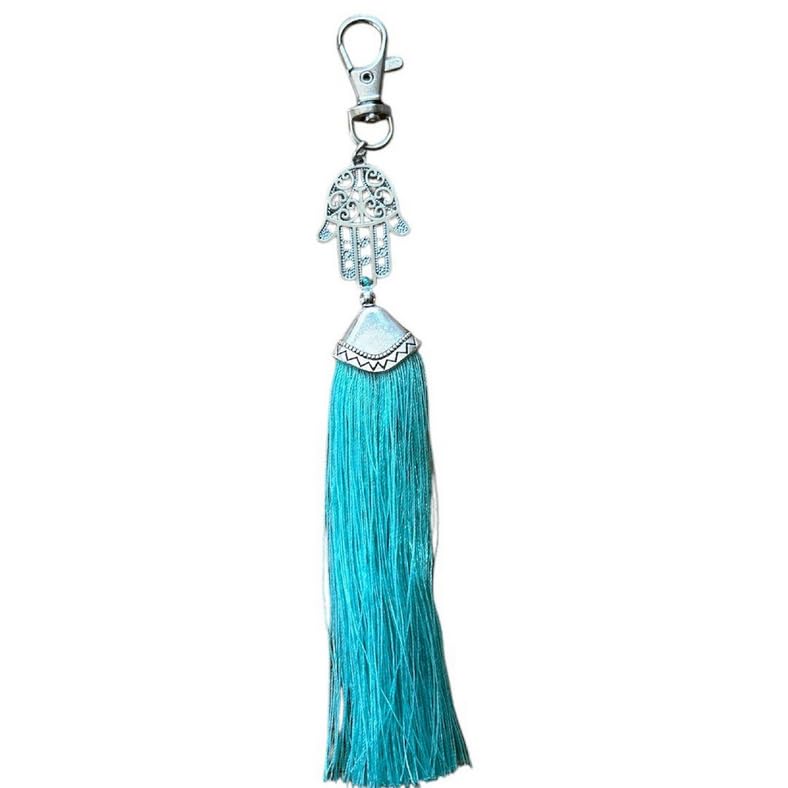 Porte-Clé Hamsa OU Bouddha Décoratif avec Pompon Long, Pendentif Main de Fatima en Métal Argenté, Disponible en Blanc, Noir, Violet