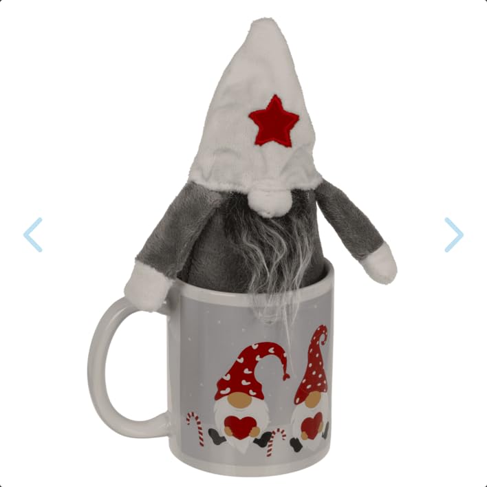 Tasse de Noël avec Gnome en Peluche, Décoration de Fêtes, Céramique Blanche avec Motifs Rouges et Gris, Set Cadeau avec Figurine de Lutin