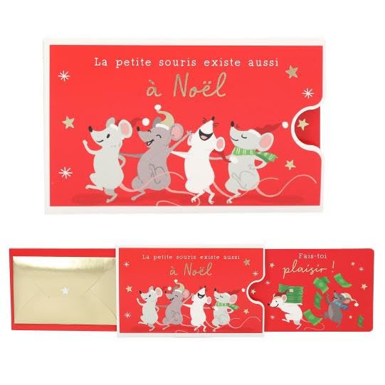 Cartes de Noël , porte billets, Collection de Cartes-Cadeaux Festives, Illustrations Animées avec Père Noël et Animaux, Style Traditionnel, Texte en Français