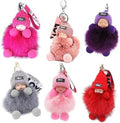 Porte-clés Pompon Fourrure avec Poupée Endormie, Gris, Accessoire de Sac, LOVE