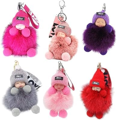 Porte-clés Pompon Fourrure avec Poupée Endormie, Gris, Accessoire de Sac, LOVE