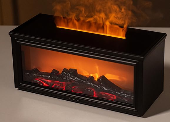 Cheminée de Table Décorative avec Diffuseur d'Huiles Essentielles, Effet Flamme LED, Design Moderne en Noir, Ambiance Relaxante