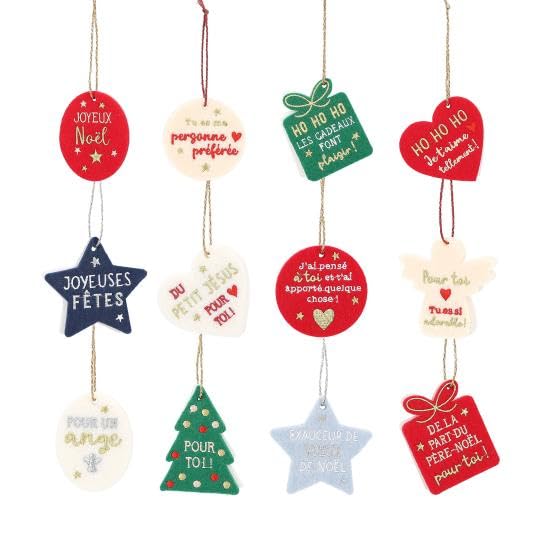 Décorations de Noël en Feutrine, 12 Pièces Ornements Suspendus avec Messages Français, Formes Assorties Rouge Vert Bleu Blanc, Étiquettes Cadeaux Festives