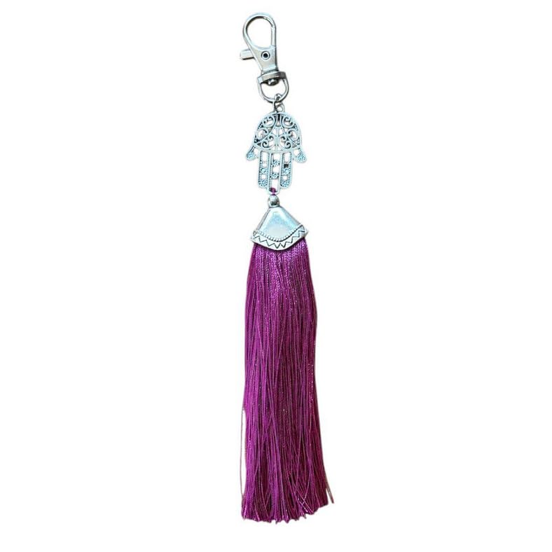Porte-Clé Hamsa OU Bouddha Décoratif avec Pompon Long, Pendentif Main de Fatima en Métal Argenté, Disponible en Blanc, Noir, Violet