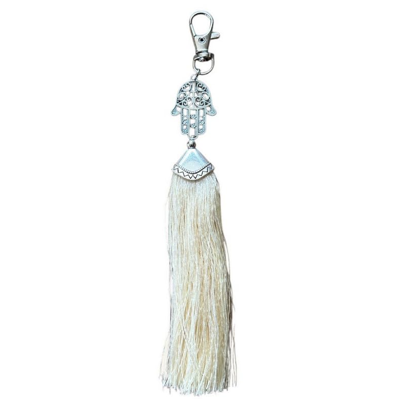 Porte-Clé Hamsa OU Bouddha Décoratif avec Pompon Long, Pendentif Main de Fatima en Métal Argenté, Disponible en Blanc, Noir, Violet