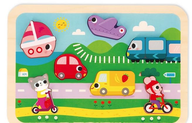 Puzzle en Bois pour Enfants avec Véhicules de Transport, Jeu Éducatif d'Encastrement, Thème Transport et Voyage