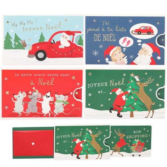 Carte  Festive avec Illustrations de Père Noël, Renne et Souris, Collection Joyeux Noël, Bon d'Achat pour Shopping, Design Traditionnel en Rouge et Vert