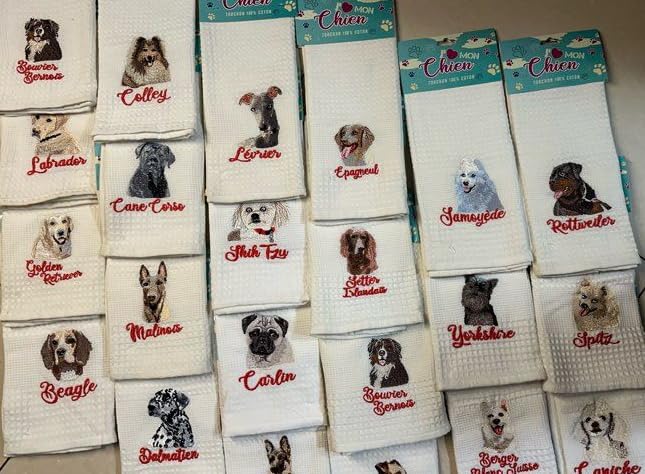 Mon Chien Torchon en Coton 100%, Serviettes de Cuisine avec Motifs de Chiens Brodés, Collection Rottweiler, Colley et Cane Corso