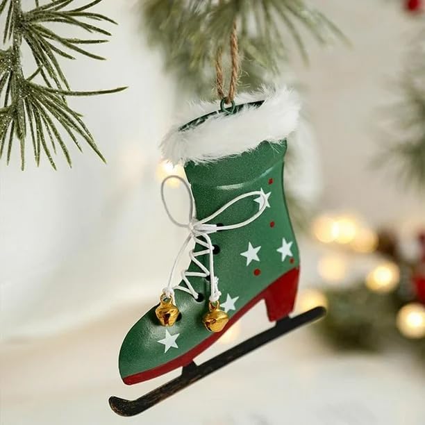 Décoration de Noël en Métal, Patin à Glace Vintage avec Grelots, Rouge et Vert, Ornement Suspendu pour Sapin avec Fourrure Blanche et Étoiles, 1 Pièce