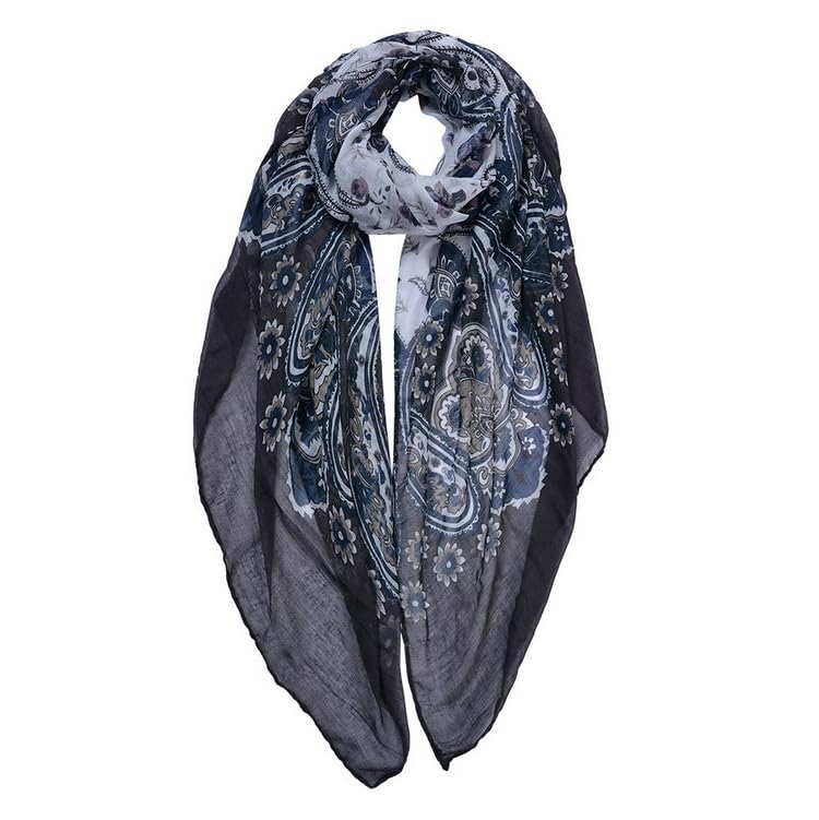 Écharpe Femme Élégante, Motif Floral, Bleu Marine et Gris, Style Châle