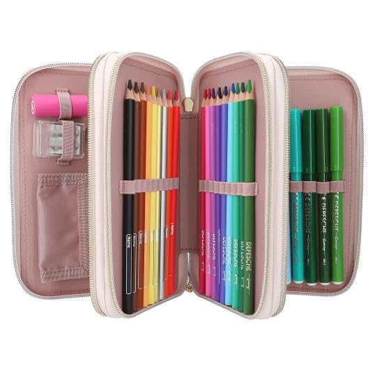 Trousse Scolaire 3 Compartiments pour Fille, Motif Illustration Jeune Fille avec Fleurs et Papillons, Organisateur de Fournitures avec Crayons et Feutres