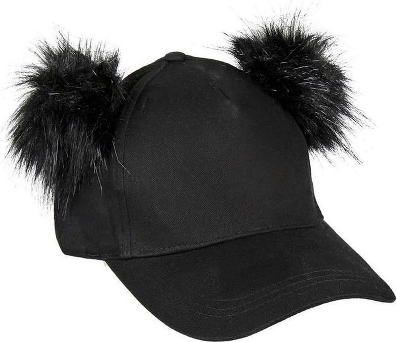 Casquette de Baseball Noire avec Pompons en Fausse Fourrure, Style Décontracté, Visière Courbée, Accessoire Mode Urbain