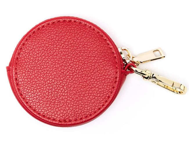 Porte-Monnaie Rond en Cuir avec Fermeture Éclair, Étui pour Écouteurs et Clés, Beige et Rouge