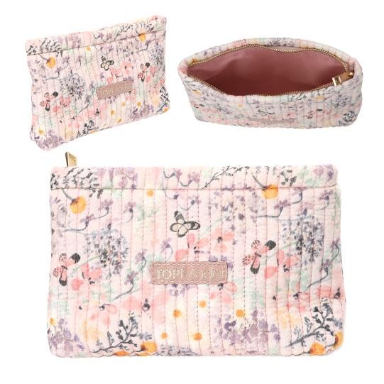 Pochette Cosmétique Florale pour Petite Fille, Trousse de Toilette en Tissu Matelassé, Motif Rose Pastel avec Fleurs