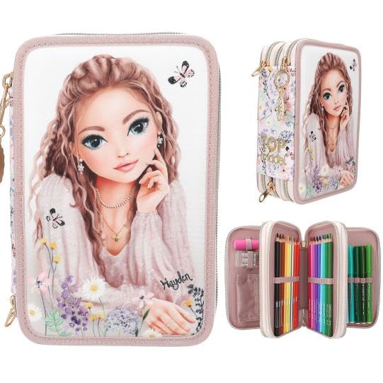 Trousse Scolaire 3 Compartiments pour Fille, Motif Illustration Jeune Fille avec Fleurs et Papillons, Organisateur de Fournitures avec Crayons et Feutres