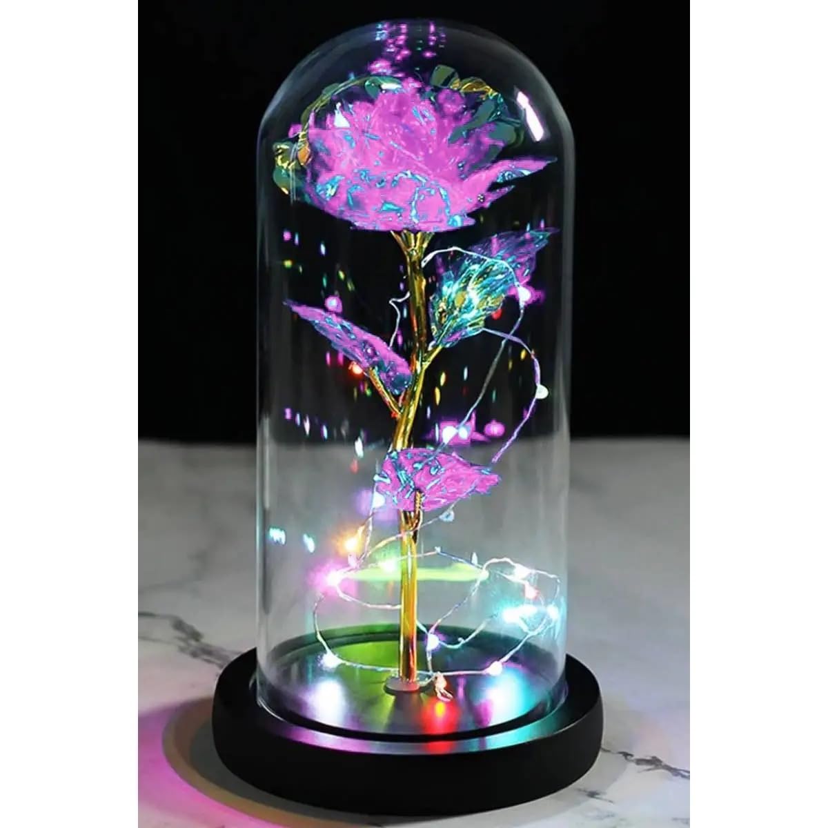 Support Lumineux à LED pour Dôme de Rose Galactique, Base d'Éclairage Métallique avec Cloche en Verre, Décoration Lumineuse