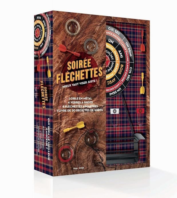 Soirée Fléchettes, Jeu de Tir avec Cible en Métal, 4 Fléchettes Aimantées, 4 Verres à Shots, Livre de 20 Recettes de Shots, Kit Complet pour Fête