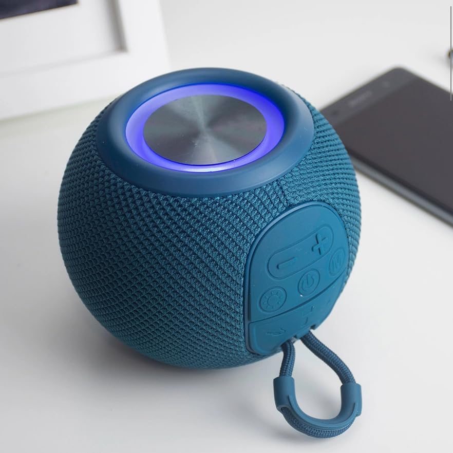 Haut-parleur Orb sans fil Bluetooth, Bleu, Compact et Portable, avec Lumière LED, Lanière de Transport