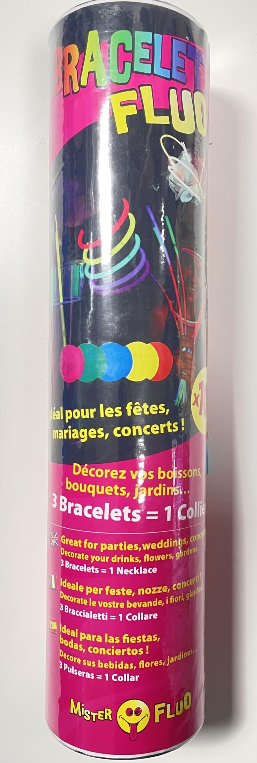 Mister Fluo Bracelets Fluorescents, Multicolores, Lot de 100, Idéal pour Fêtes, Mariages, Concerts