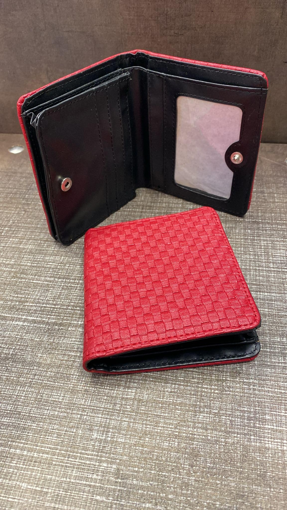 Portefeuille en Cuir Synthétique pour Femme, Design Tressé, Double Compartiment, Rouge et Noir, Style Élégant
