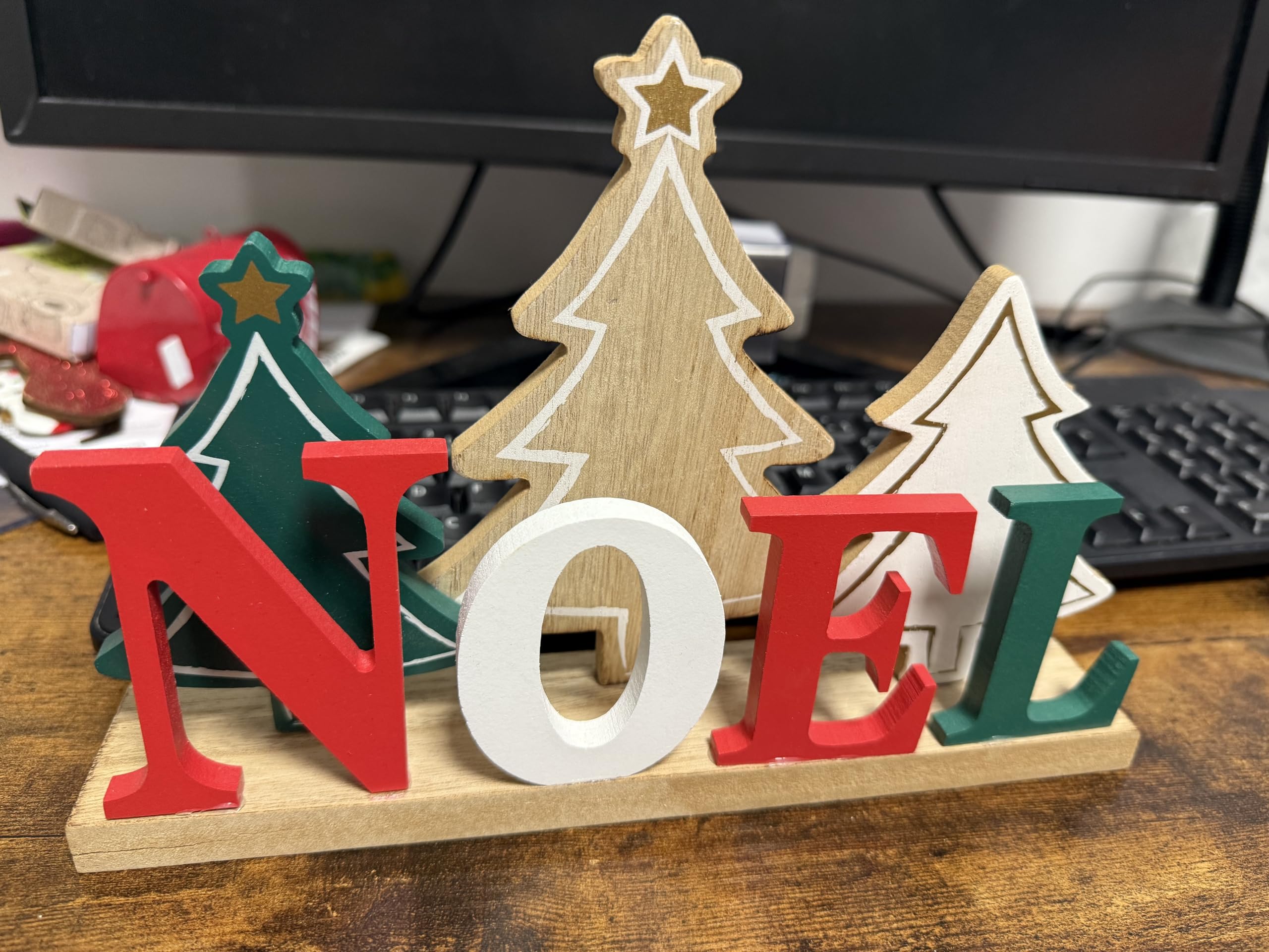 Décoration de Noël en Bois, Lettres NOEL avec Arbres de Noël, Rouge, Vert et Or, Style Festif pour Table et Maison