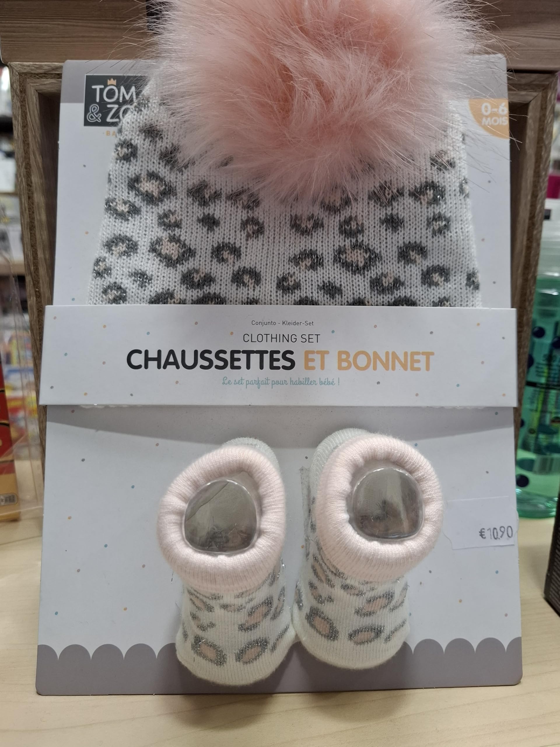 Ensemble Bébé Fille Bonnet et Chaussettes, Rose Léopard, Coffret Cadeau Naissance