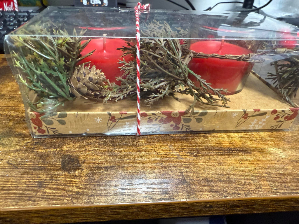 Bougeoirs Décoratifs de Noël en Verre, Rouge, avec Couronne de Verdure Artificielle, Lot de 2 Bougies