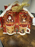 Lot de 2 Tasses à Café de Noël, Porcelaine Festive avec Motifs Santa et Rennes, Décoration Rouge et Or, Collection Hiver