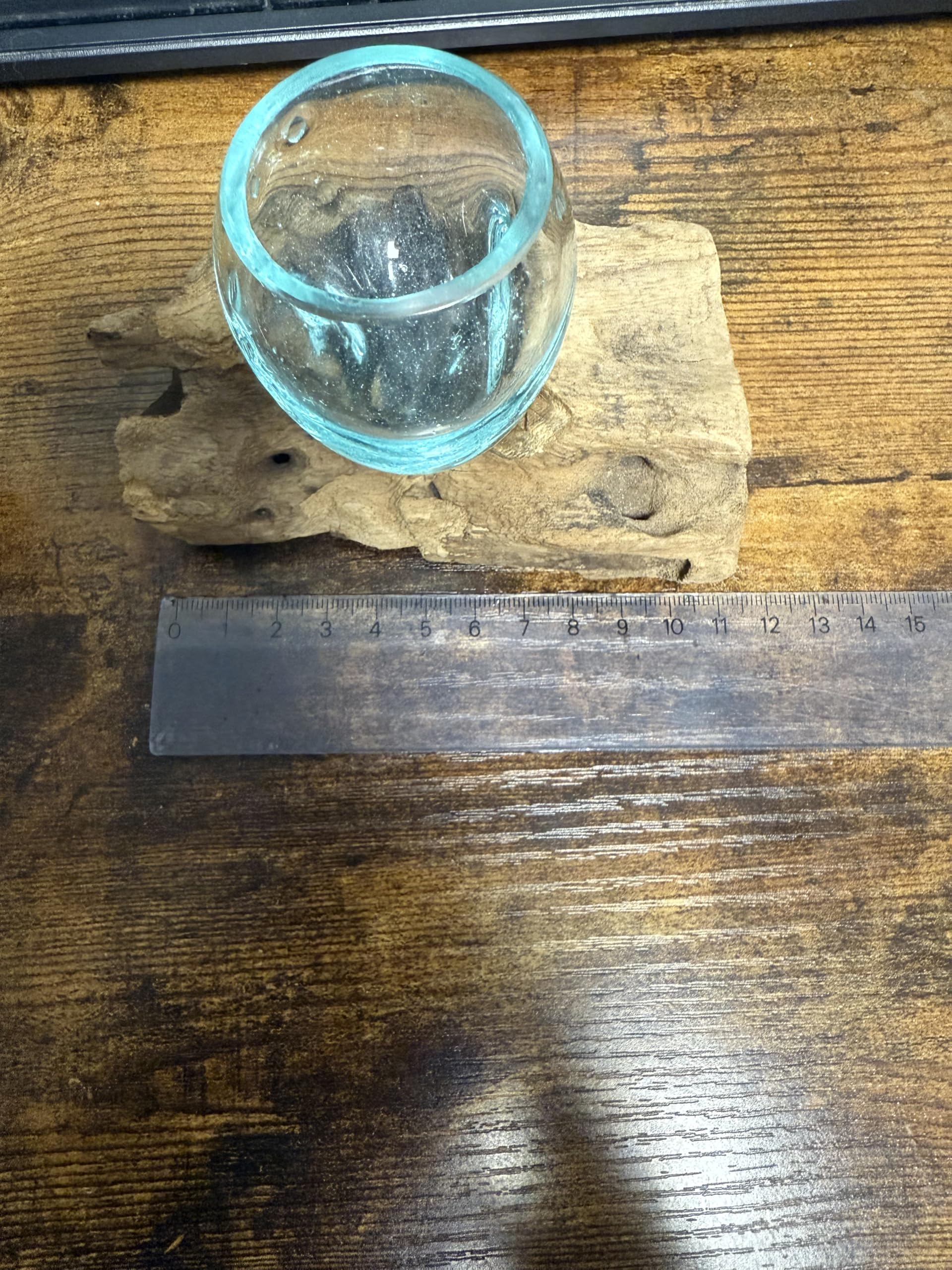 Photophore Artisanal en Verre avec Bordure Turquoise, Support en Bois Flotté, Décoration Intérieure Rustique