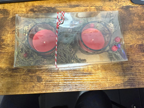 Bougeoirs Décoratifs de Noël en Verre, Rouge, avec Couronne de Verdure Artificielle, Lot de 2 Bougies