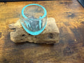 Photophore Artisanal en Verre avec Bordure Turquoise, Support en Bois Flotté, Décoration Intérieure Rustique