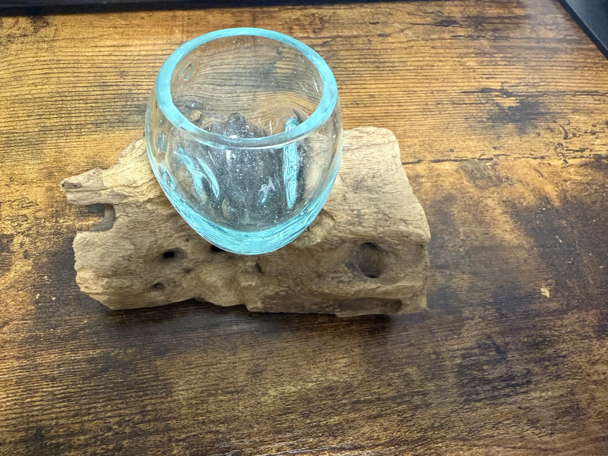 Photophore Artisanal en Verre avec Bordure Turquoise, Support en Bois Flotté, Décoration Intérieure Rustique