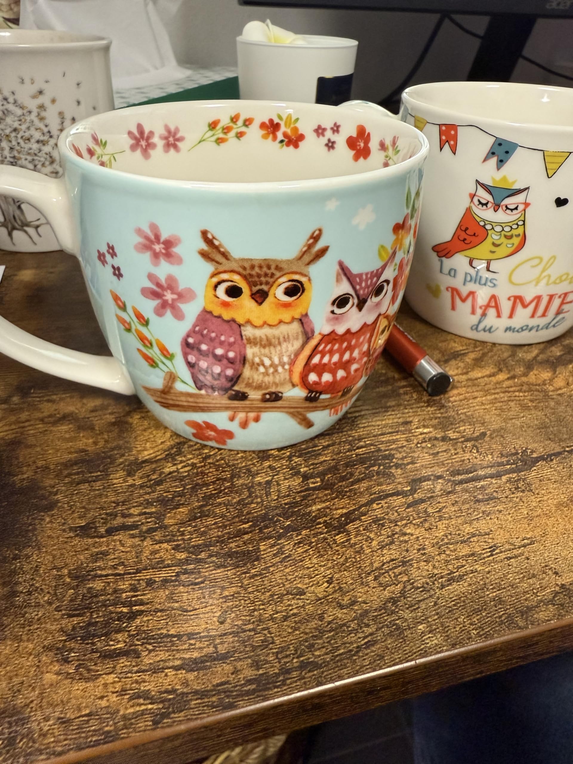 Tasse en Porcelaine avec Motif Hibou et Fleurs, Mug Décoratif pour Thé et Café, Design Printanier Coloré