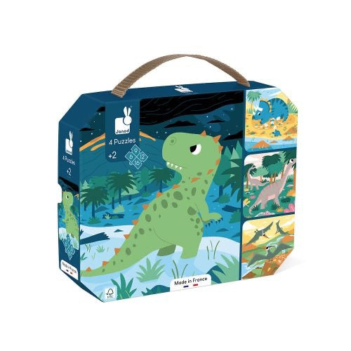 Coffret de 4 Puzzles Dinosaures pour Enfants, Boîte de Transport avec Poignée, Thème Préhistorique, Fabriqué en France (Licornes)