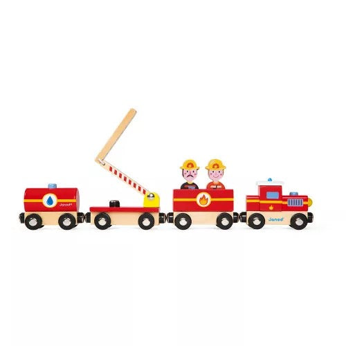 Story Train Pompiers en Bois, Train de Jouet Éducatif avec Locomotive et Wagons, Thème Pompiers, pour Enfants