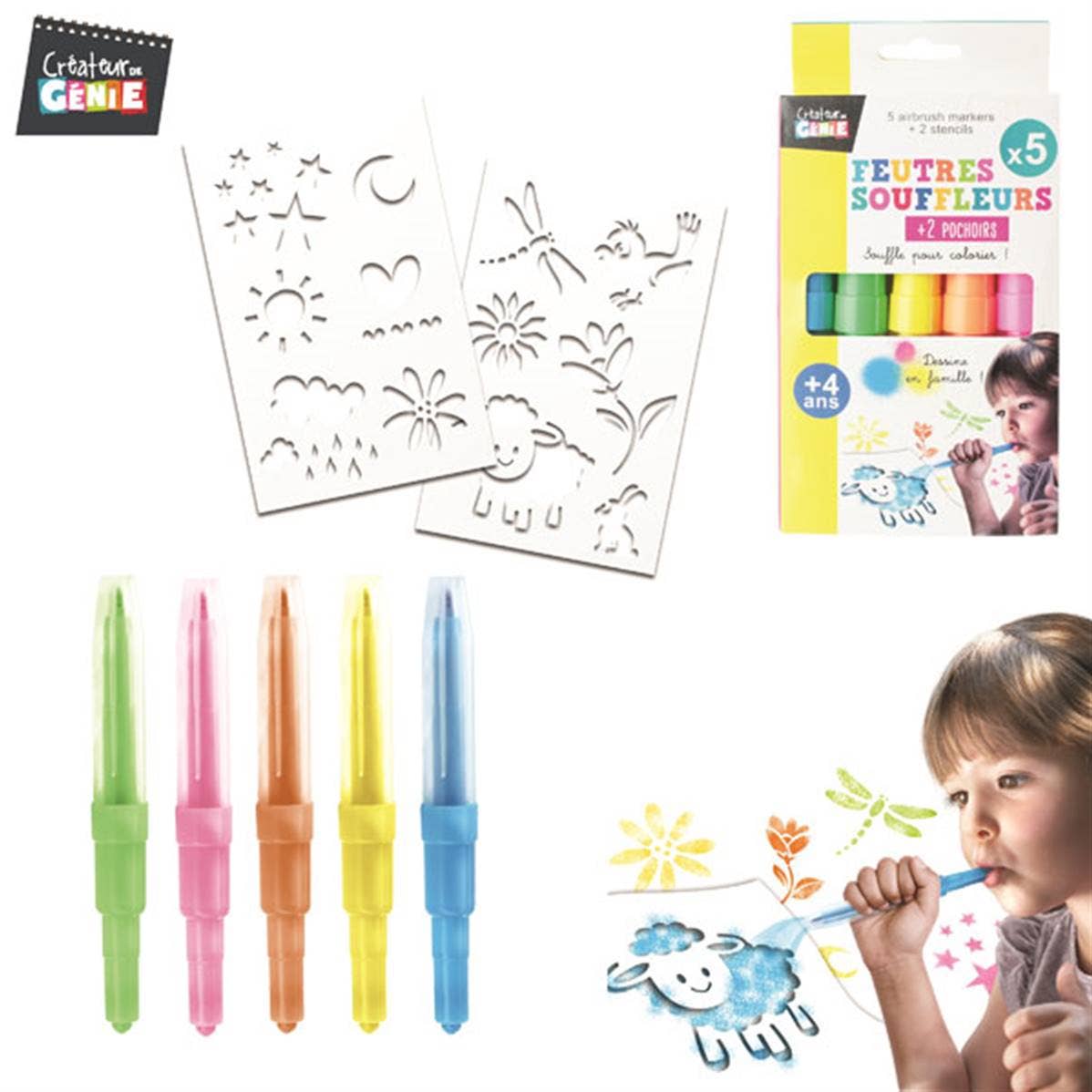 Kit 5 Feutres Souffleurs Et 2 Pochoirs